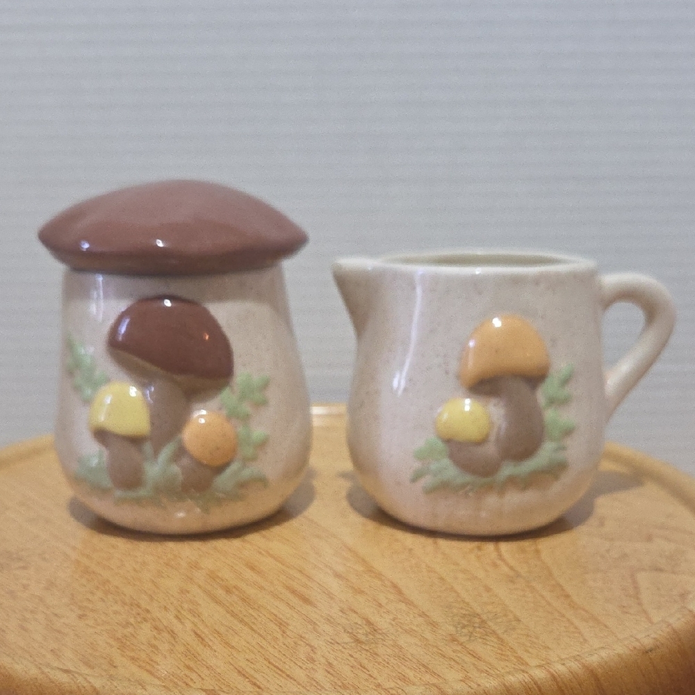 Mushroom Ceramic Creamer and Sugar Set Vintage Studio